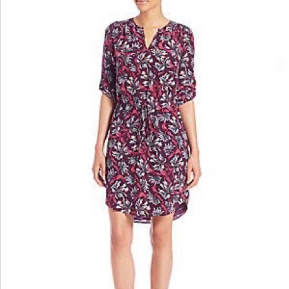 Rebecca Taylor | Mystic Garden 100% Silk Plum Elastic Tie Waist Shirt Dress 8